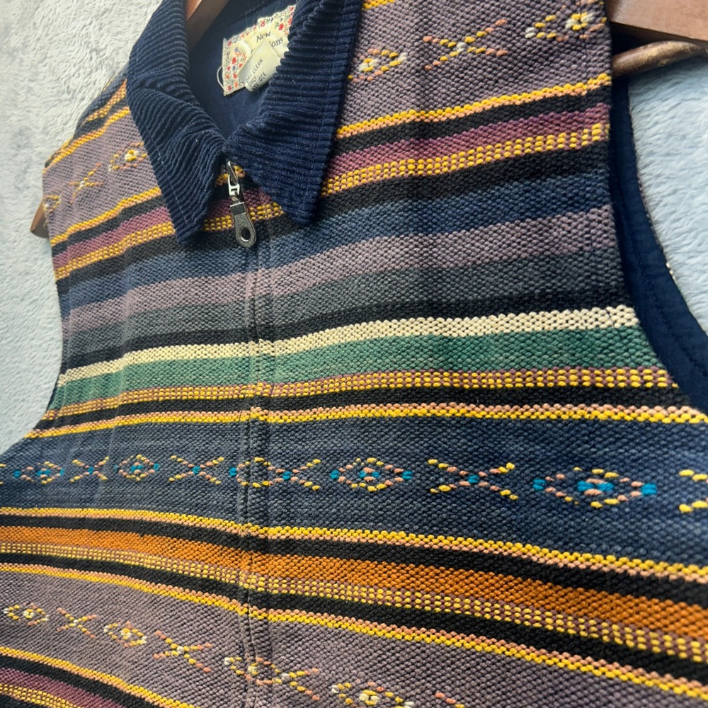 Vintage Y2K Southwestern Striped Woven Cotton Vest Blue Corduroy Collar Large - Picture 2 of 9